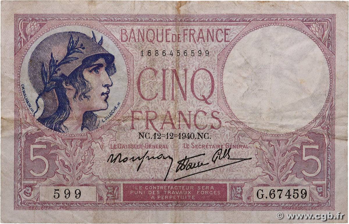 5 Francs FEMME CASQUÉE modifié FRANCE  1940 F.04.17 F