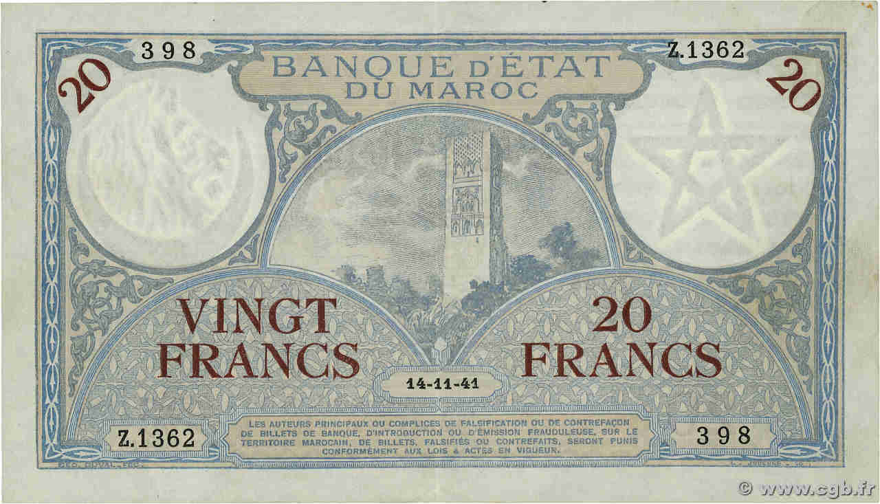 20 Francs MOROCCO  1941 P.18b XF