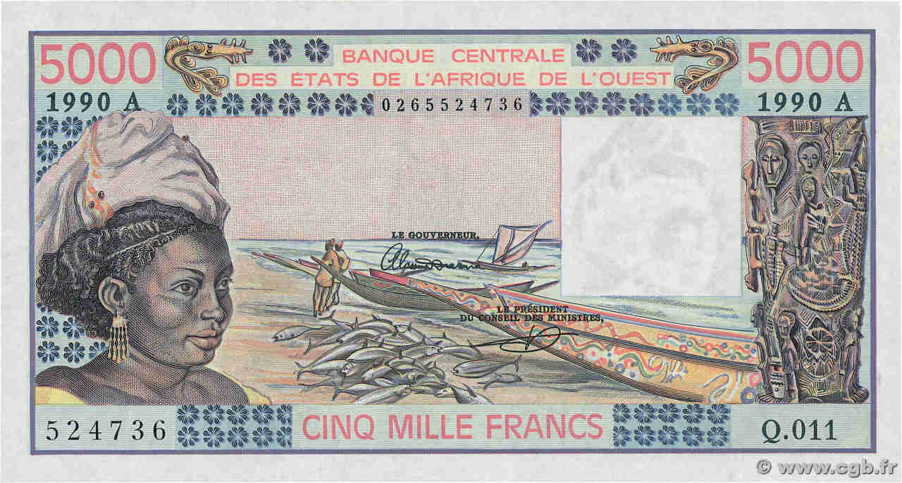 5000 Francs WEST AFRICAN STATES  1990 P.108Aq AU