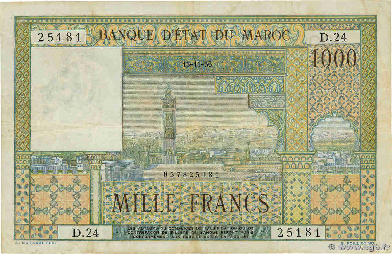 1000 Francs MAROC  1956 P.47 TB