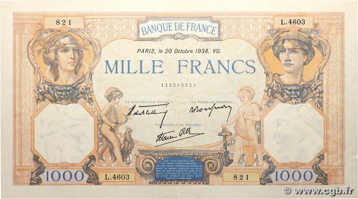1000 Francs CÉRÈS ET MERCURE type modifié FRANCE  1938 F.38.30 SUP