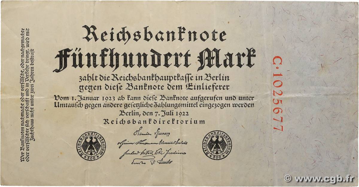 500 Mark ALLEMAGNE  1922 P.074b TTB