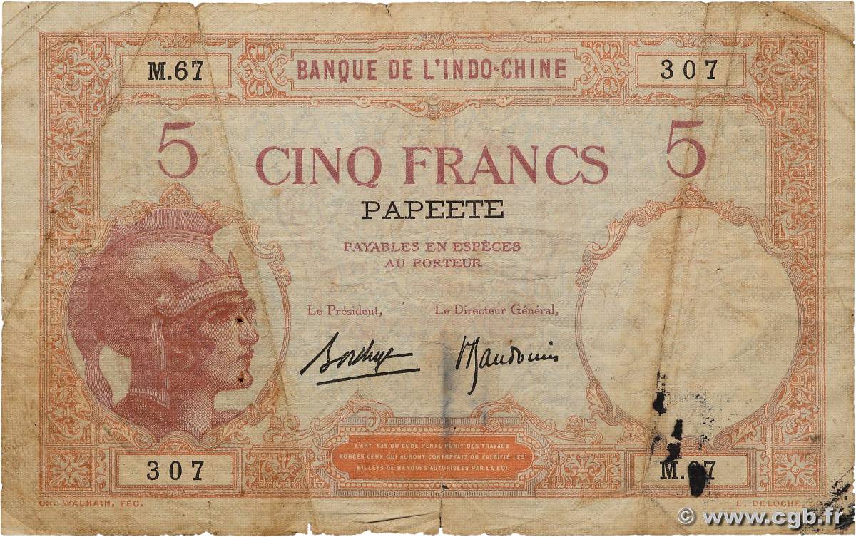 5 Francs TAHITI  1930 P.11c VG