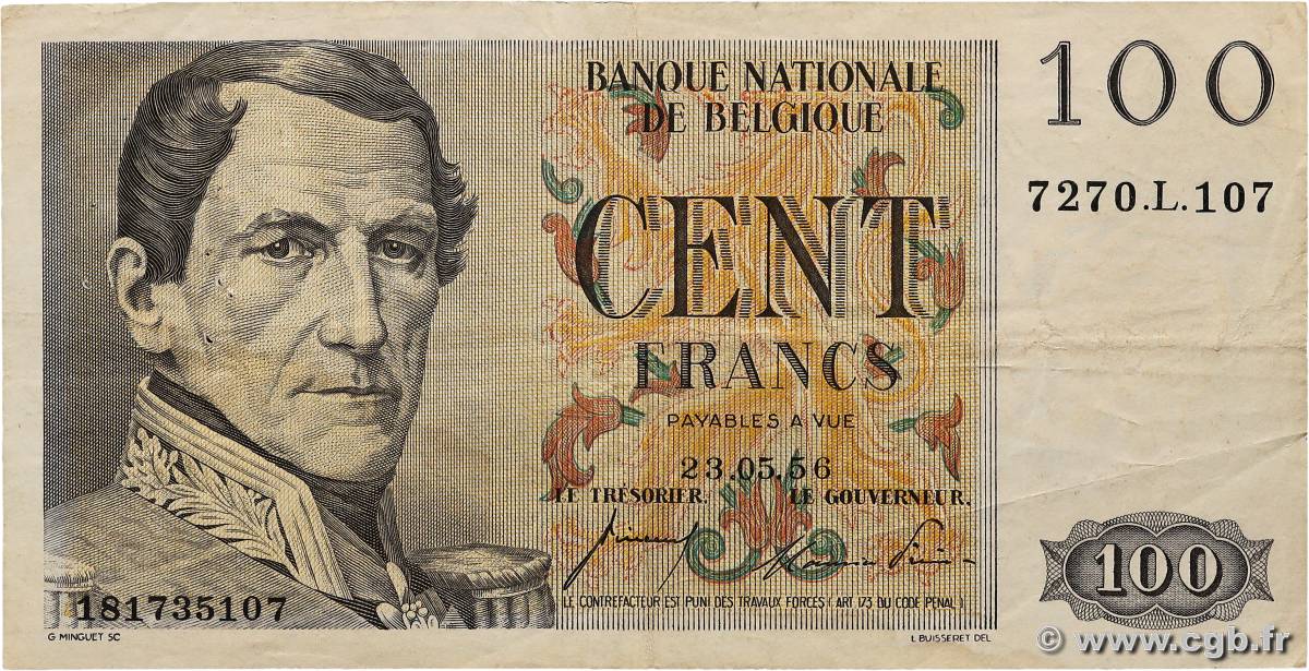 100 Francs BELGIQUE  1956 P.129b TB+