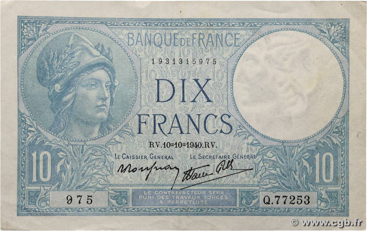 10 Francs MINERVE modifié FRANCE  1940 F.07.16 TTB+