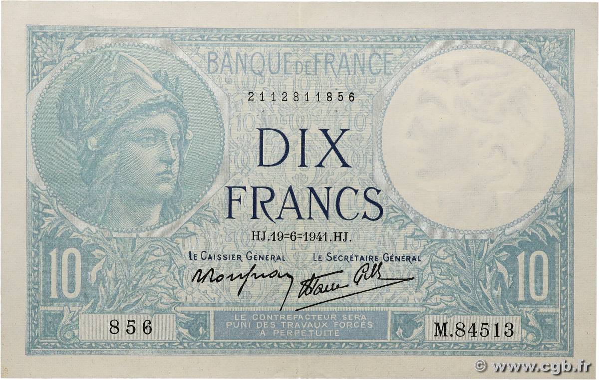 10 Francs MINERVE modifié FRANCE  1941 F.07.29 XF-