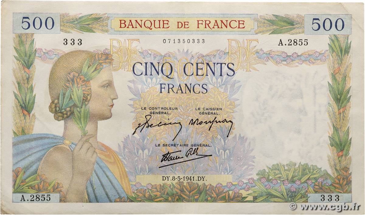 500 Francs LA PAIX Numéro spécial FRANKREICH  1941 F.32.16 VZ+