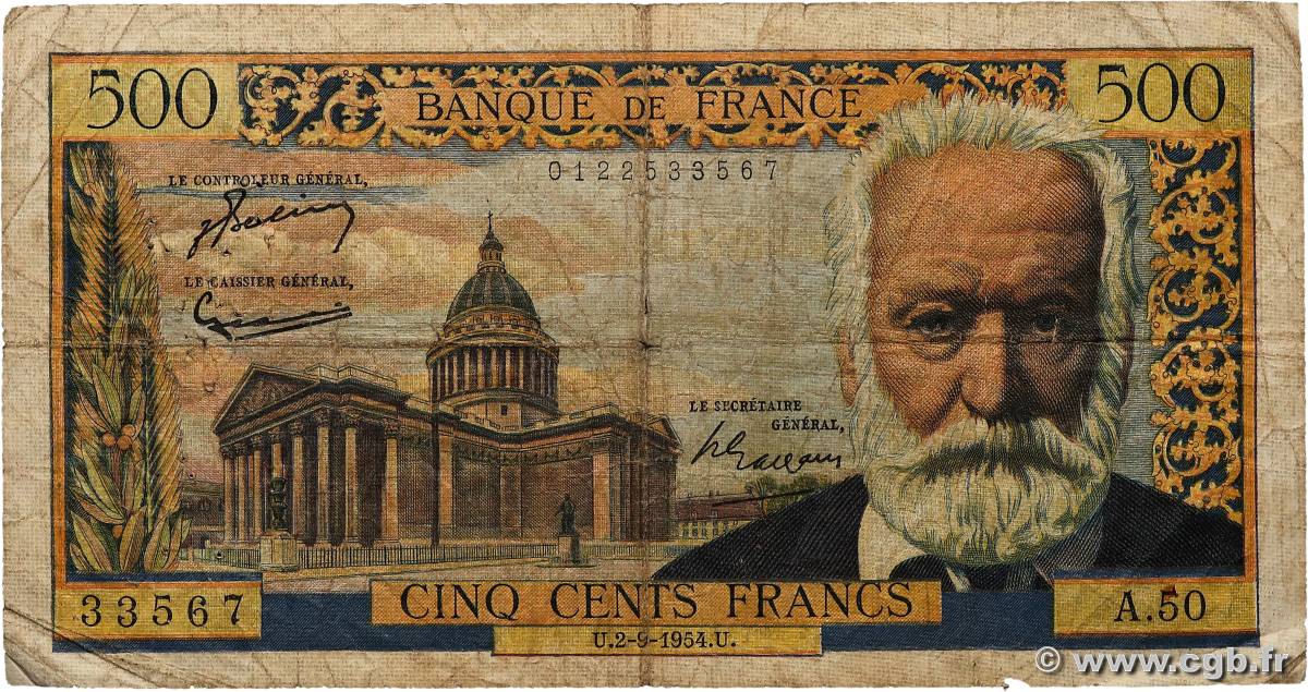 500 Francs VICTOR HUGO FRANCE  1954 F.35.03 B+