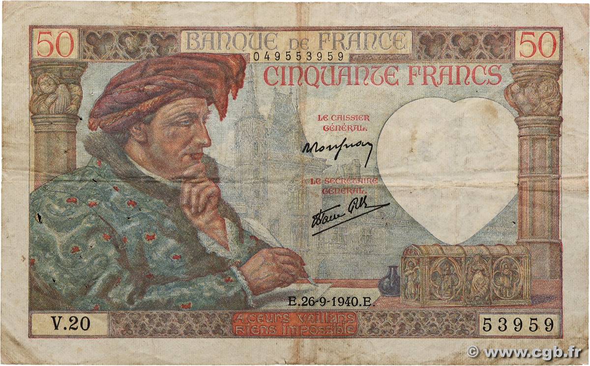 50 Francs JACQUES CŒUR FRANCE  1940 F.19.03 F