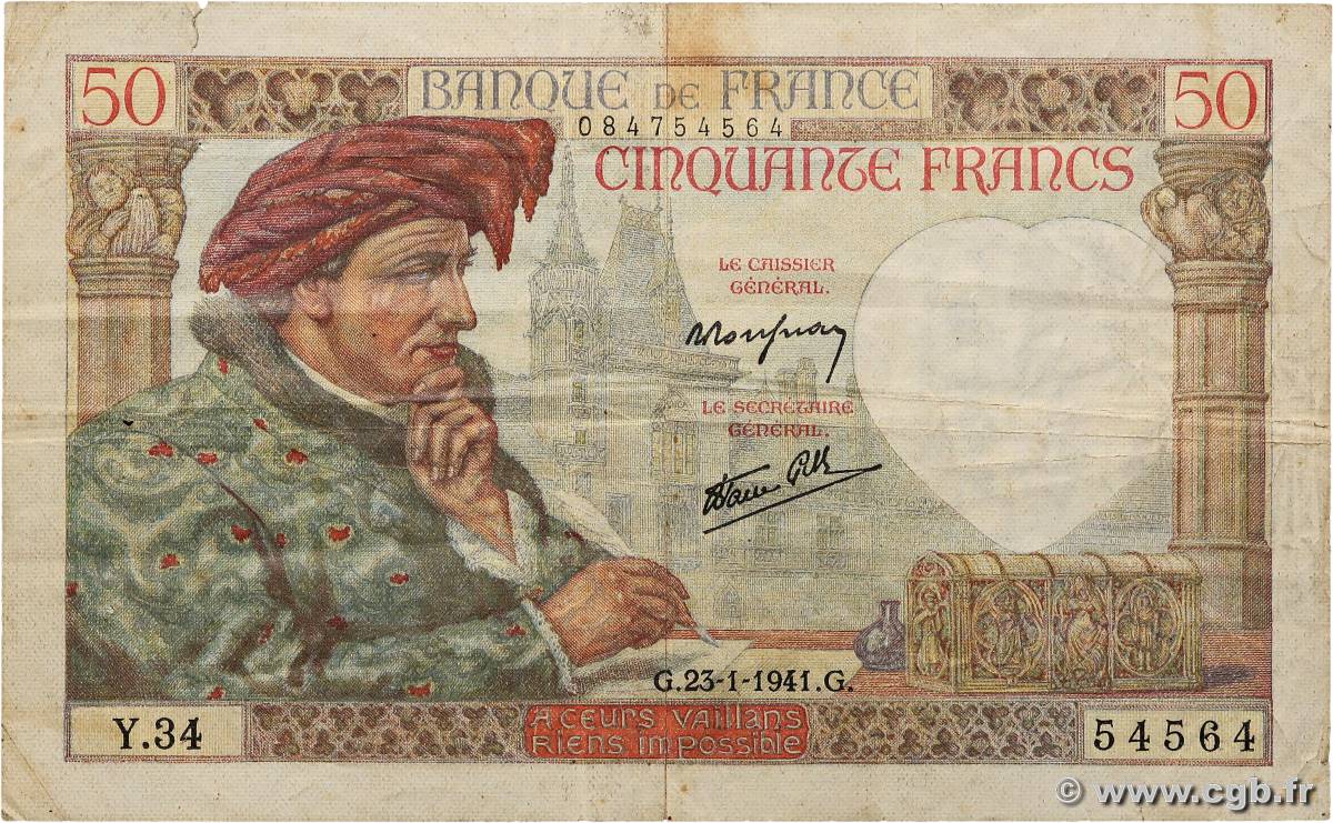 50 Francs JACQUES CŒUR FRANCE  1941 F.19.05 F