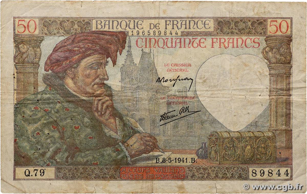 50 Francs JACQUES CŒUR FRANCE  1941 F.19.10 VG