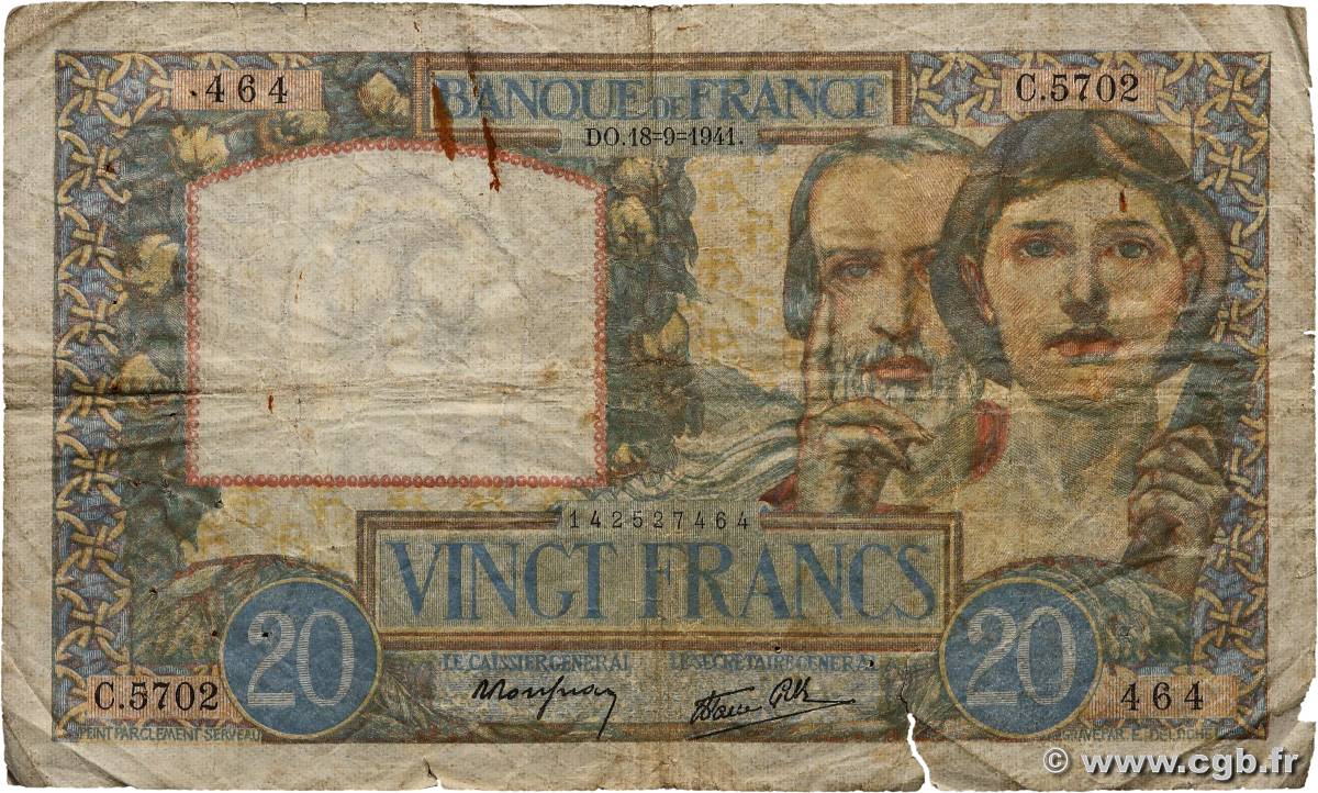 20 Francs TRAVAIL ET SCIENCE FRANCE  1941 F.12.18 G