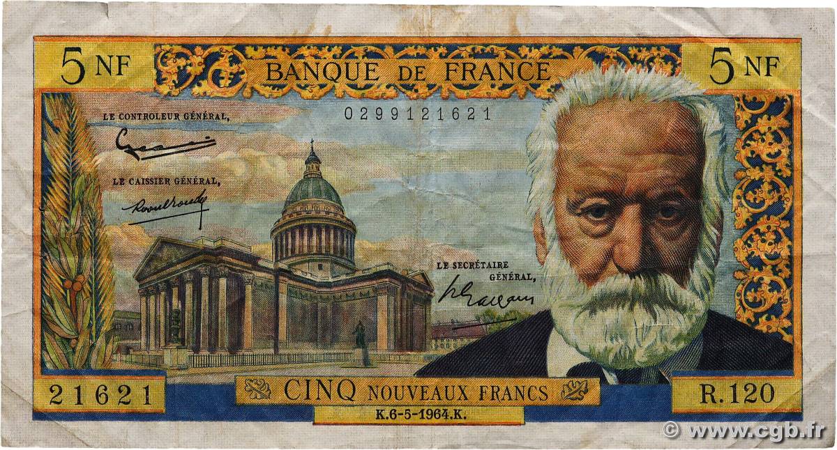 5 Nouveaux Francs VICTOR HUGO FRANCE  1964 F.56.15 F