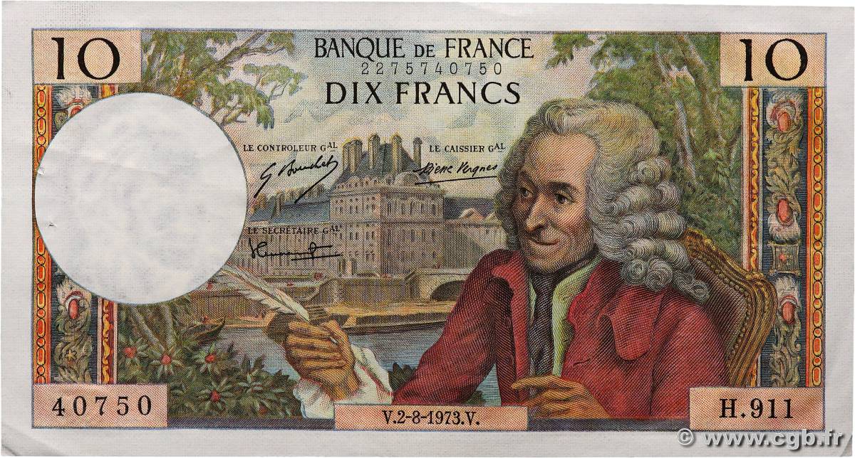 10 Francs VOLTAIRE FRANCE  1973 F.62.63 XF-