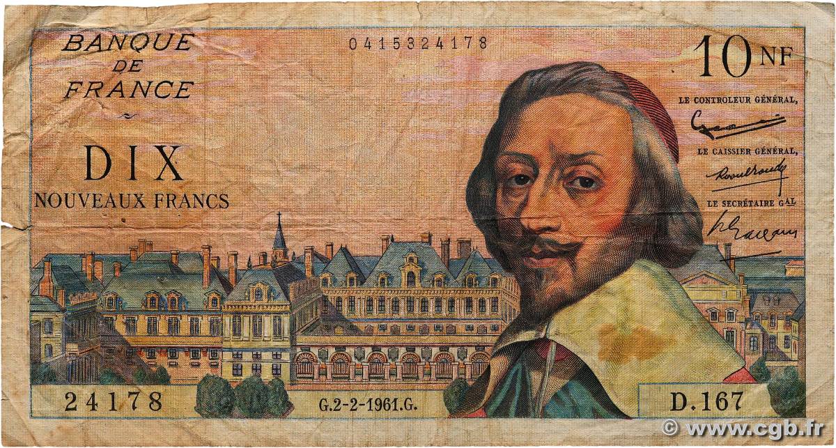 10 Nouveaux Francs RICHELIEU FRANCE  1961 F.57.14 VG