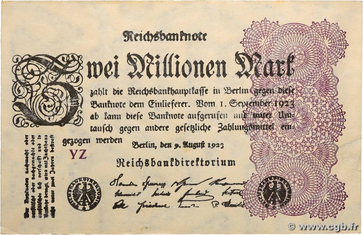 2 Millions Mark GERMANY  1923 P.104a XF+