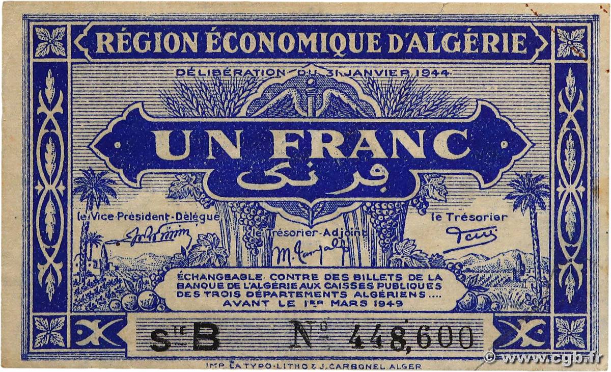 1 Franc ALGERIA  1944 P.098 VF+