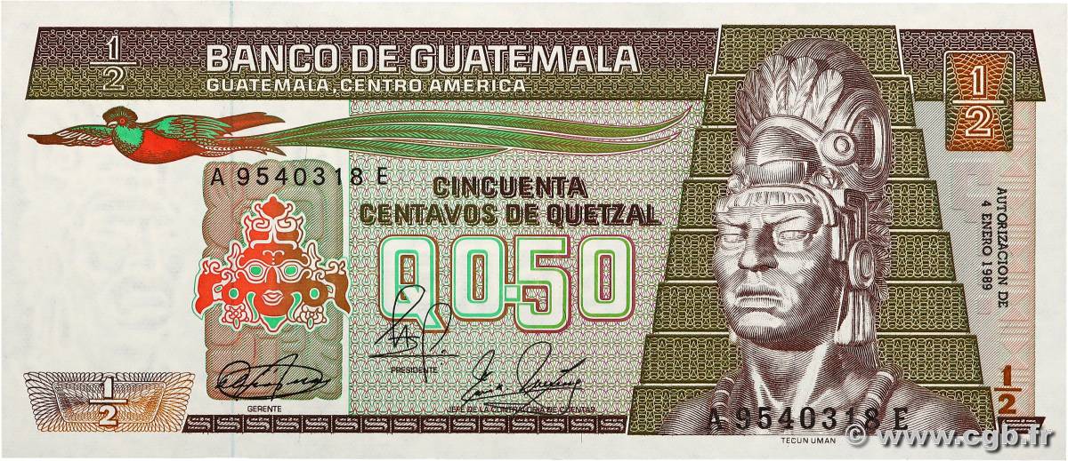 50 Centavos de Quetzal GUATEMALA  1989 P.065 q.FDC