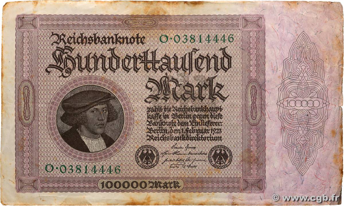 100000 Mark GERMANY  1923 P.083a F+