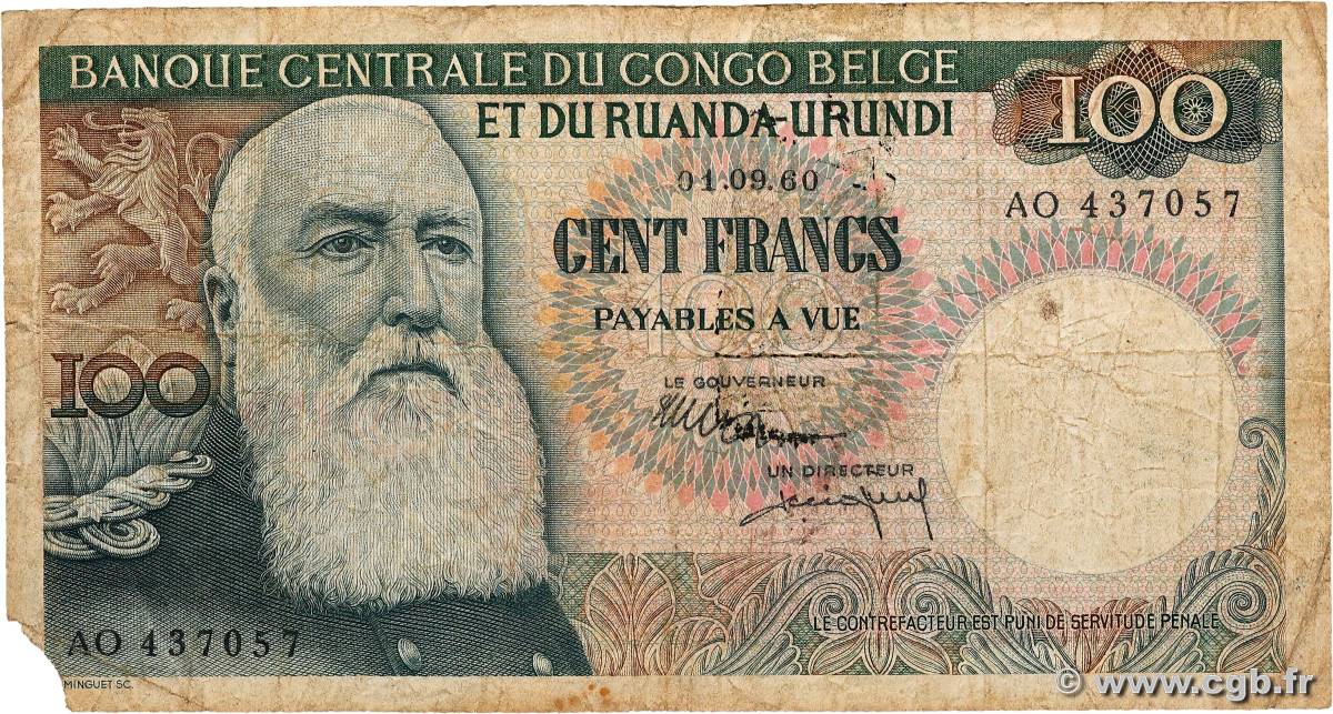 100 Francs BELGIAN CONGO  1960 P.33b G