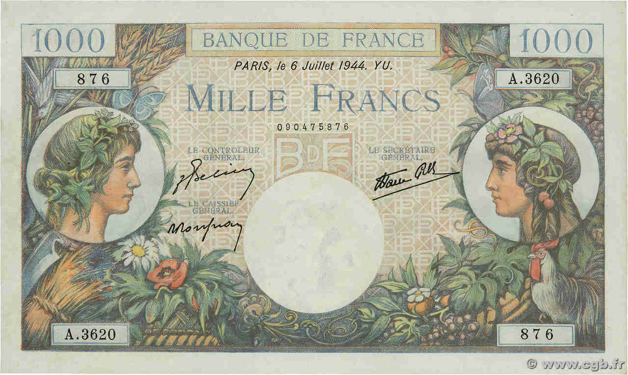 1000 Francs COMMERCE ET INDUSTRIE FRANCE  1944 F.39.10 pr.SPL