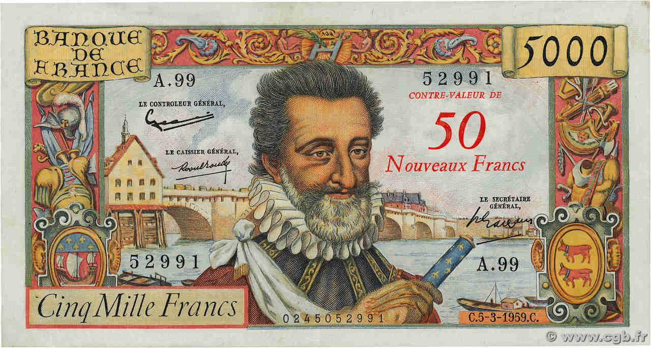 50 NF sur 5000 Francs HENRI IV FRANCE  1959 F.54.02 pr.SUP