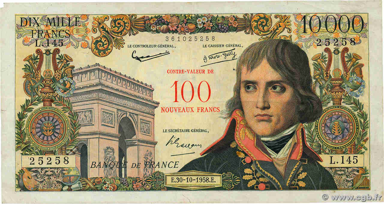 100 NF sur 10000 Francs BONAPARTE FRANCE  1958 F.55.01 VF-