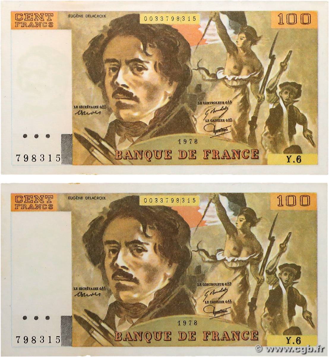 100 Francs DELACROIX modifié Lot FRANCE  1978 F.69.01dx SUP