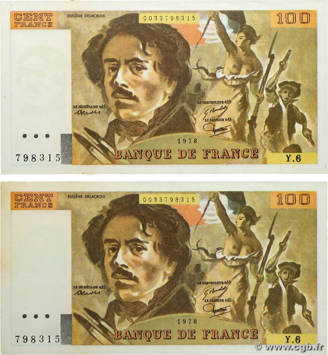 100 Francs DELACROIX modifié Lot FRANKREICH  1978 F.69.01dx VZ