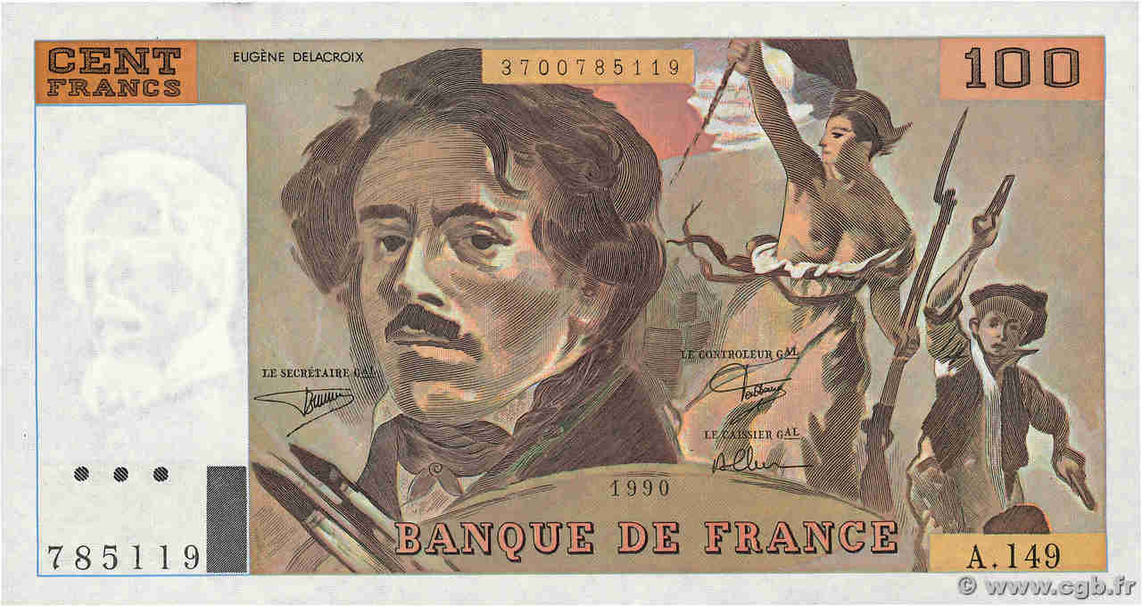 100 Francs DELACROIX imprimé en continu FRANCE  1990 F.69Bis.02aA149 pr.NEUF