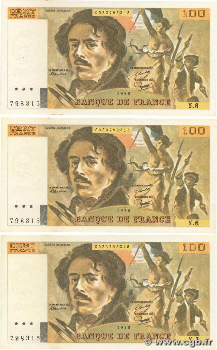 100 Francs DELACROIX modifié Lot FRANCE  1978 F.69.01dx SUP+