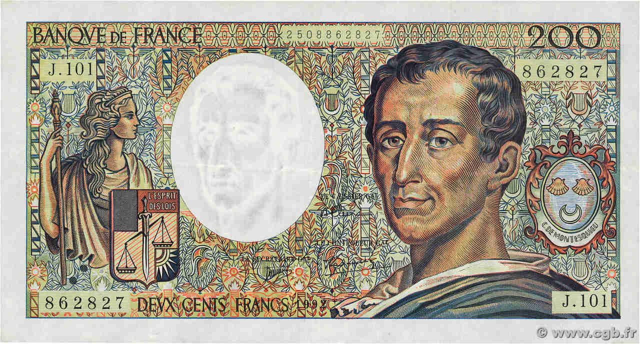 200 Francs MONTESQUIEU alphabet 101 FRANCE  1992 F.70bis.01 TTB+