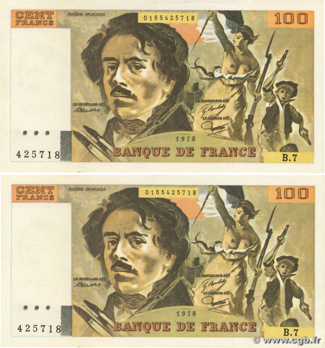 100 Francs DELACROIX modifié Lot FRANCE  1978 F.69.01dx VF+