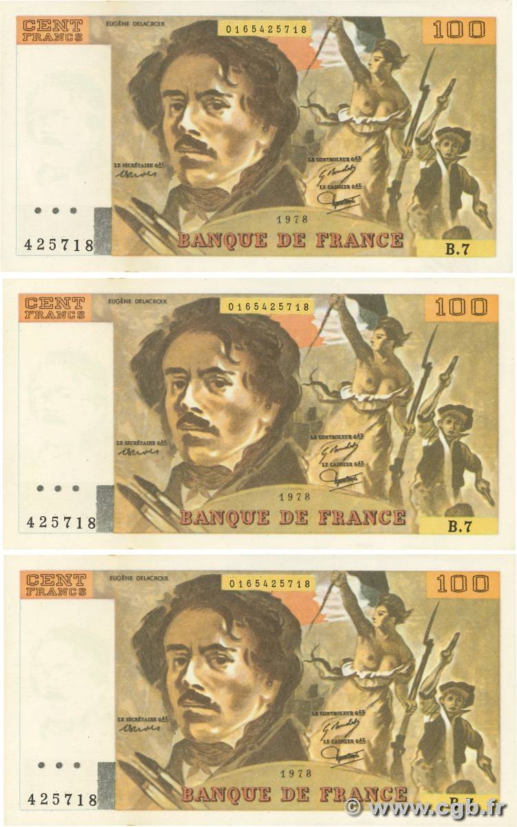 100 Francs DELACROIX modifié Lot FRANCIA  1978 F.69.01dx EBC+