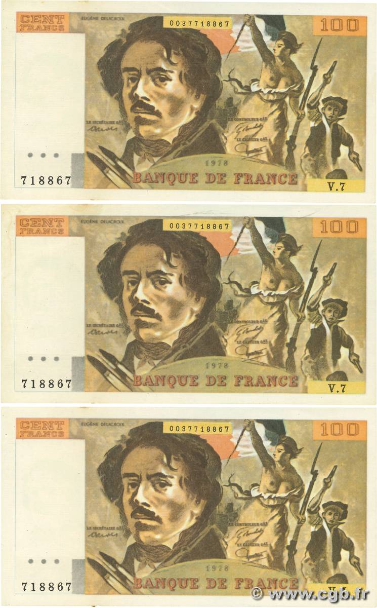 100 Francs DELACROIX modifié Lot FRANCE  1978 F.69.01dx pr.SUP