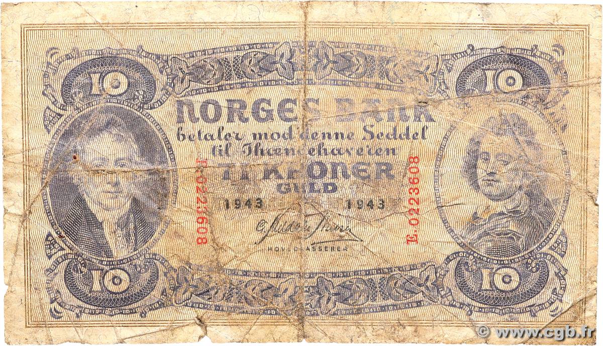 10 Kroner NORVÈGE  1943 P.08c B+