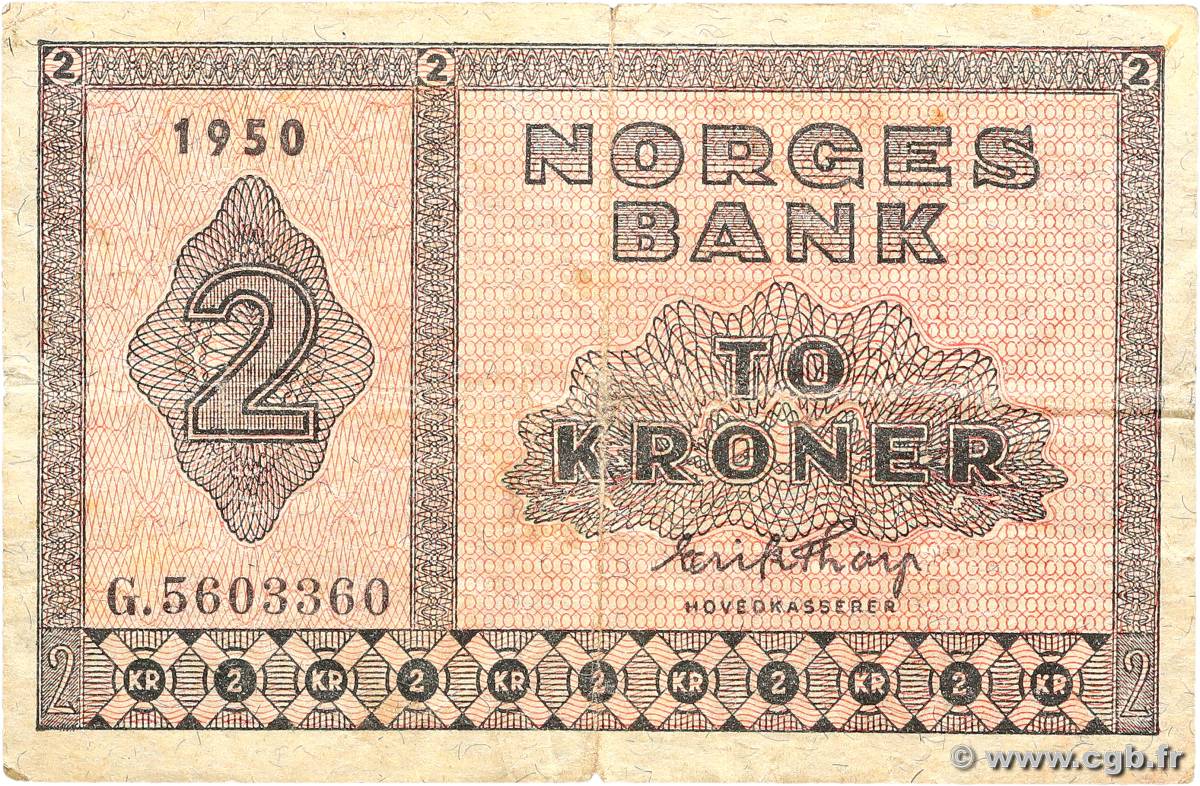 2 Kroner NORVÈGE  1950 P.16b TB