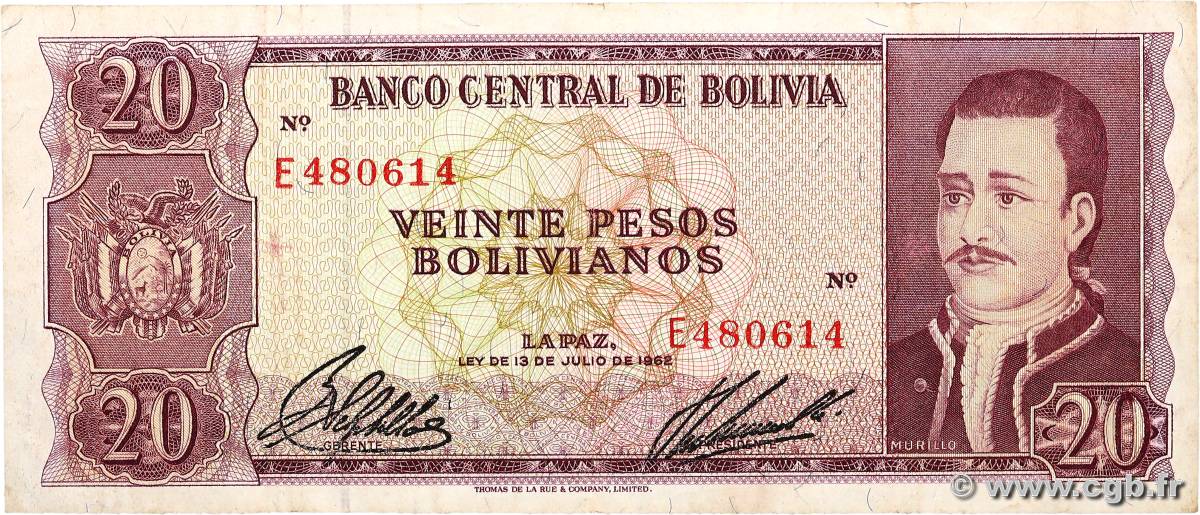 20 Pesos Bolivianos BOLIVIE  1962 P.161a TB