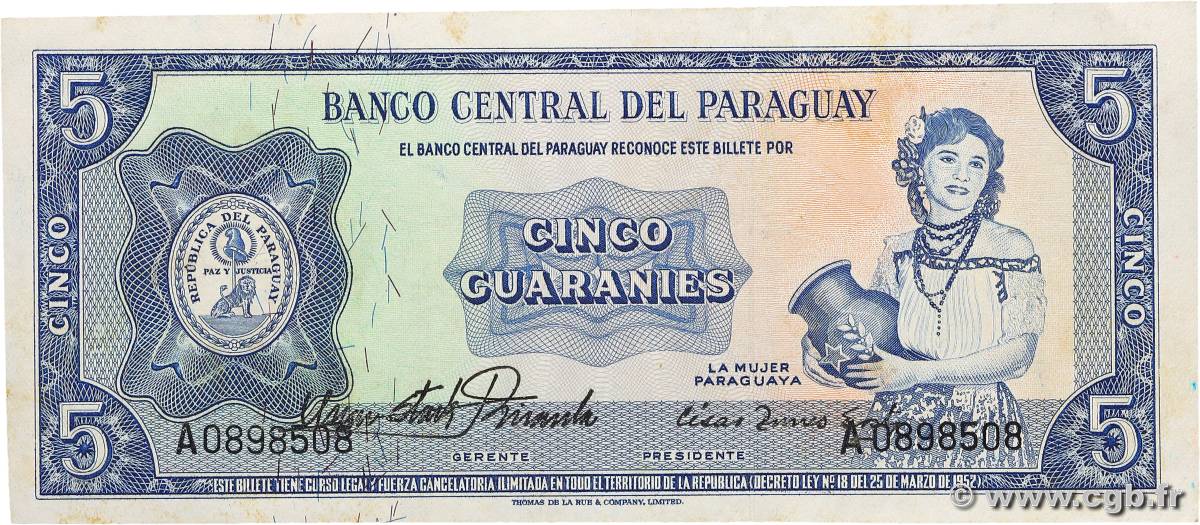 5 Guaranies PARAGUAY  1963 P.194 pr.SUP