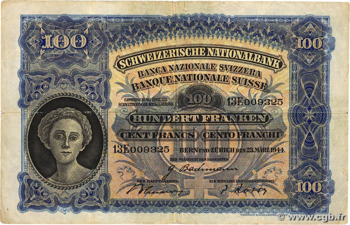 100 Francs SUISSE  1944 P.35r TB