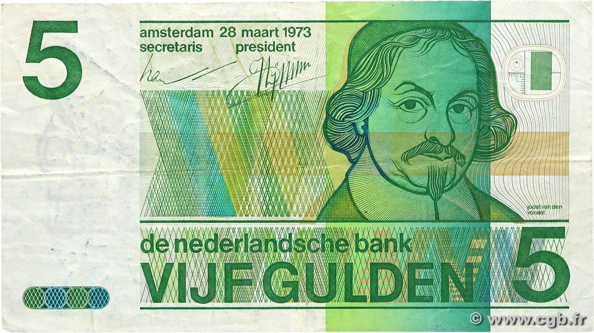 5 Gulden NETHERLANDS  1973 P.095a F