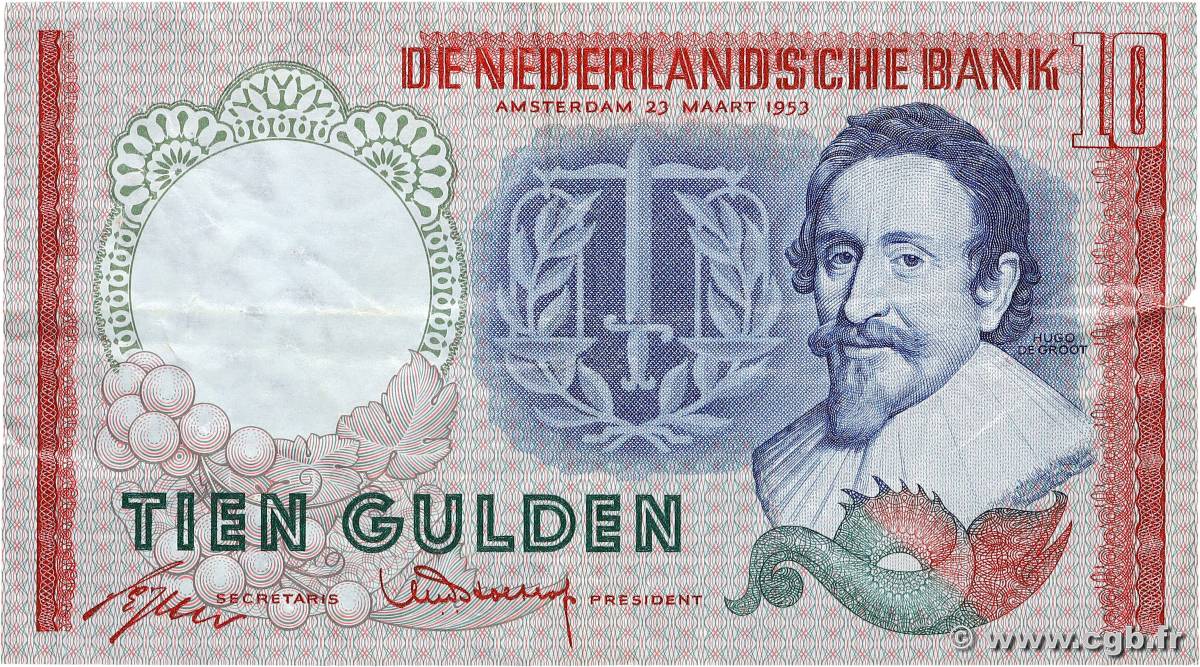 10 Gulden NETHERLANDS  1953 P.085 F+