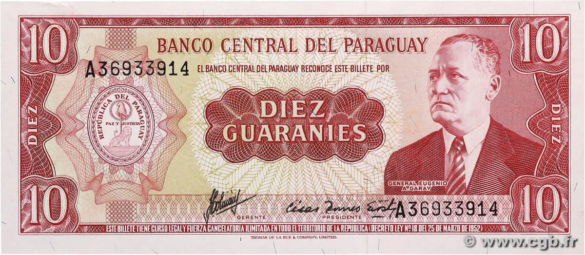 10 Guaranies PARAGUAY  1963 P.196b fST+