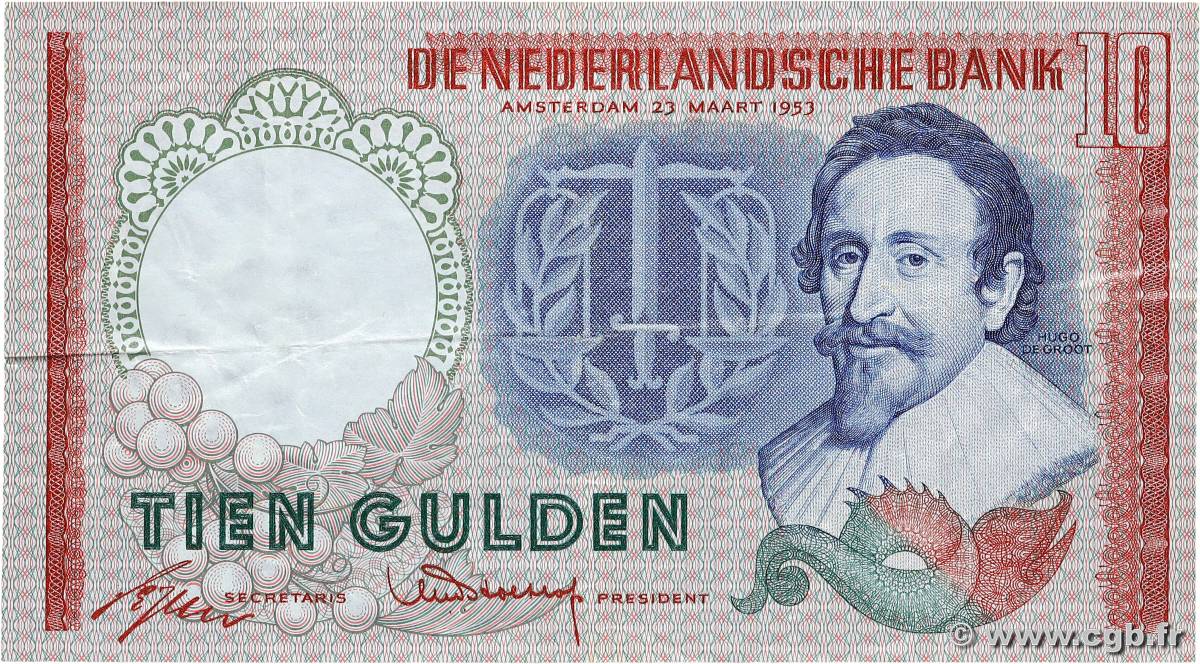 10 Gulden NETHERLANDS  1953 P.085 F