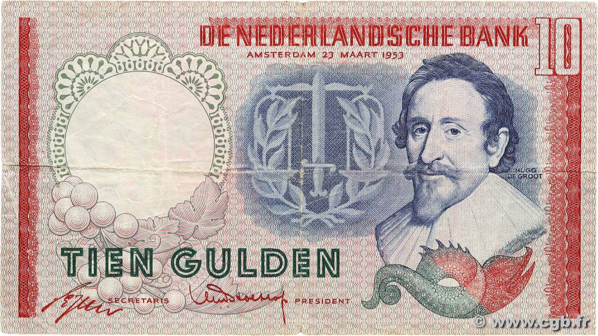 10 Gulden NETHERLANDS  1953 P.085 VG