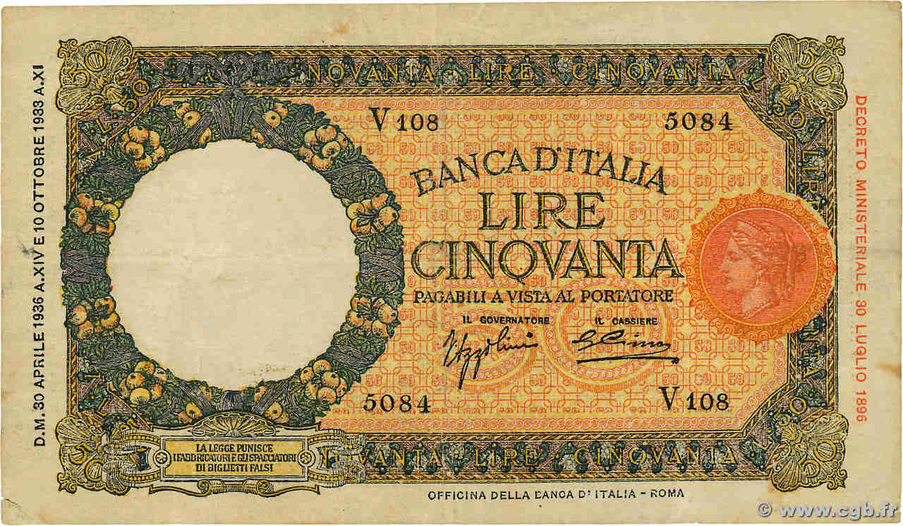 50 Lire ITALIE  1936 P.054a TB+