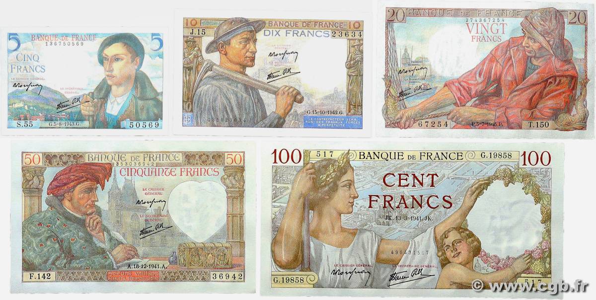 Lot 5 billets BdF : La France de 1940 FRANCE  1941 F.05-08-13-19-26 pr.NEUF