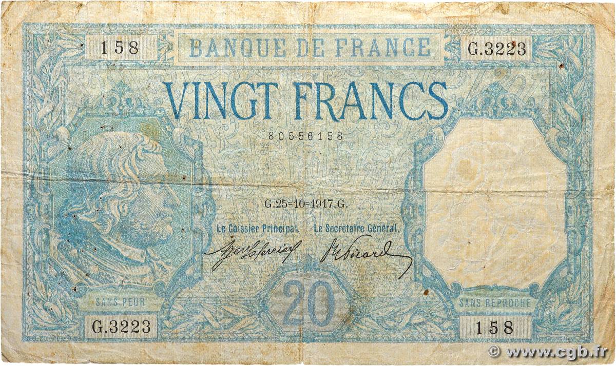 20 Francs BAYARD FRANCE  1917 F.11.02 VG