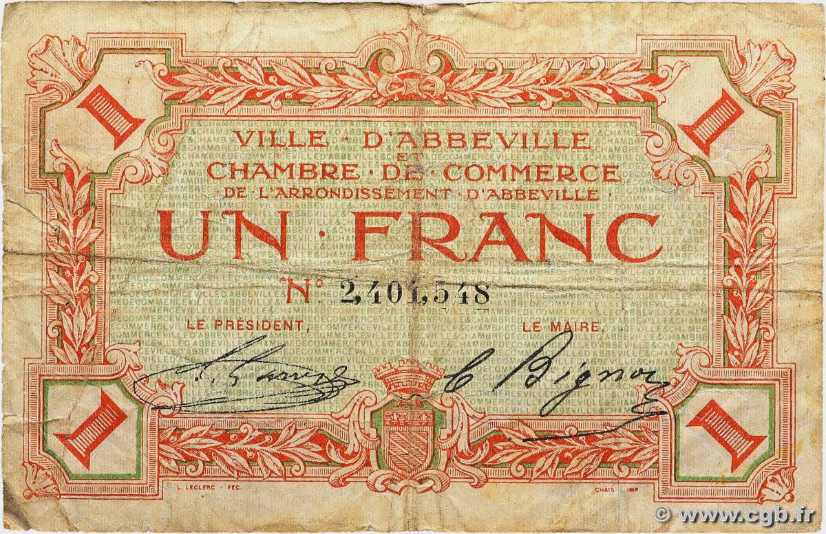 1 Franc FRANCE regionalismo y varios Abbeville 1920 JP.001.09 BC