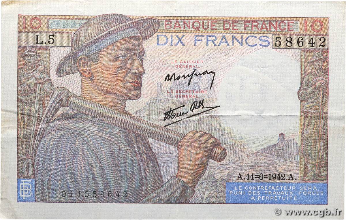 10 Francs MINEUR FRANKREICH  1942 F.08.03 SS